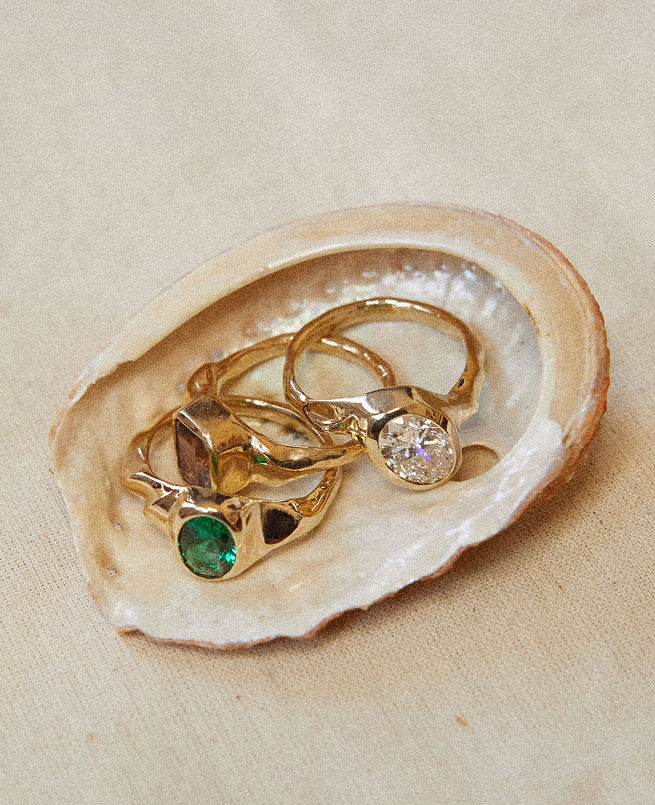 A collection of gold rings with gemstones resting in a shell 